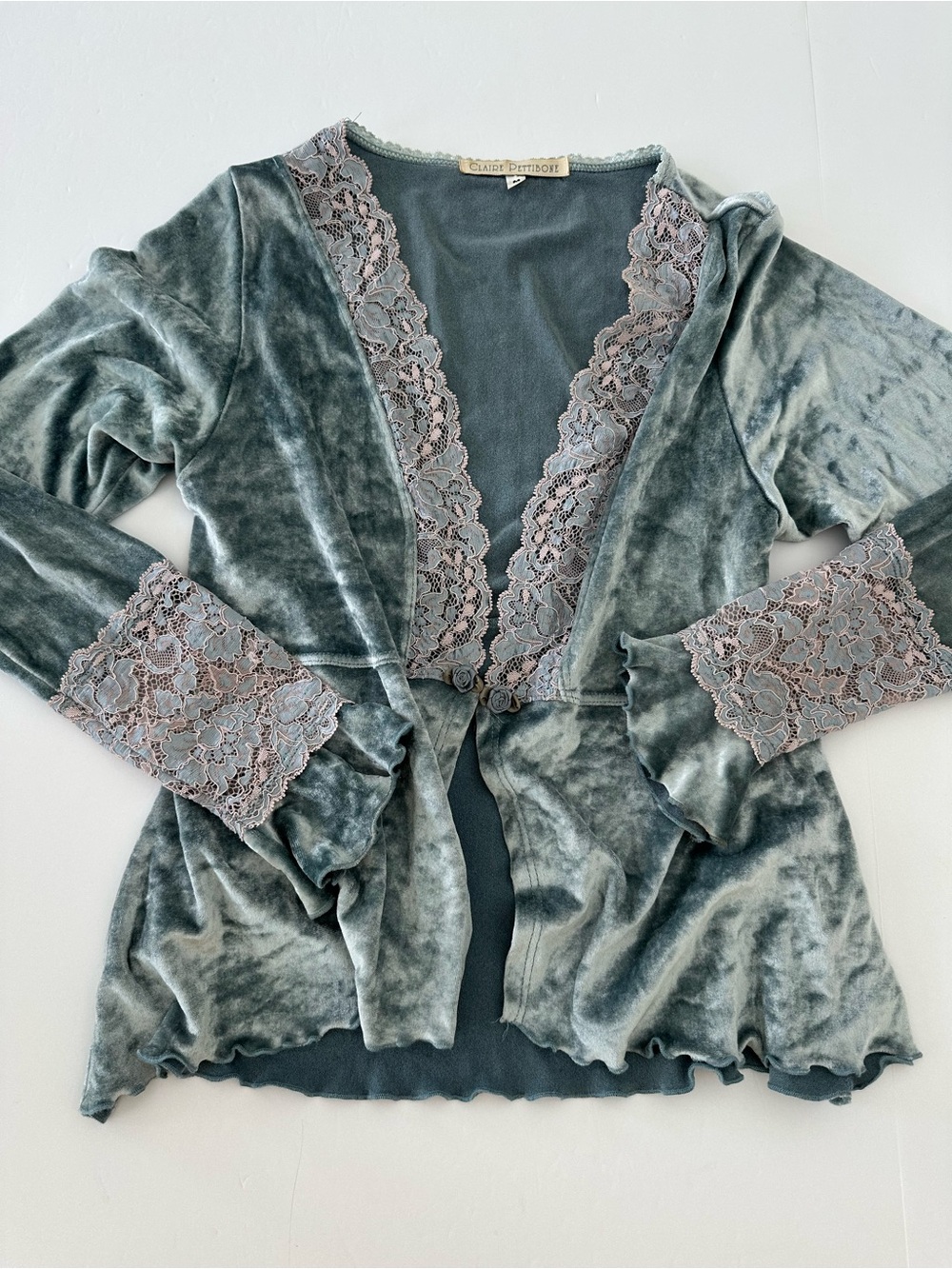 Vintage Claire Pettibone Velvet and Lace Cardigan Silver Green Size Medium